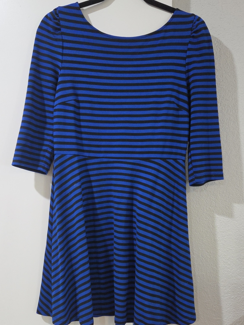 Gianni Bini Blue and Black Striped Long-Sleeve Fit-and-Flare Dress